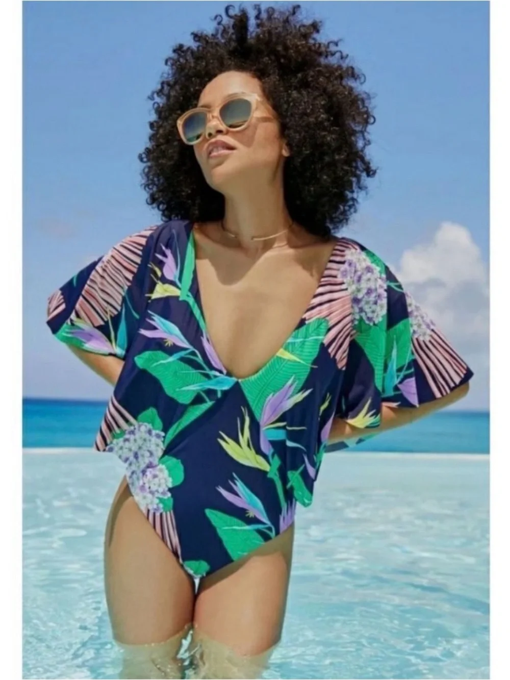 Trina Turk Midnight Paradise Flutter Sleeve One Piece Swimsuit Size 4